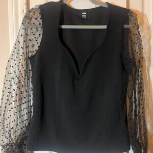 NEW Women's Black Top with Sheer Polka Dot Sleeves - Long Sleeve - Size Large